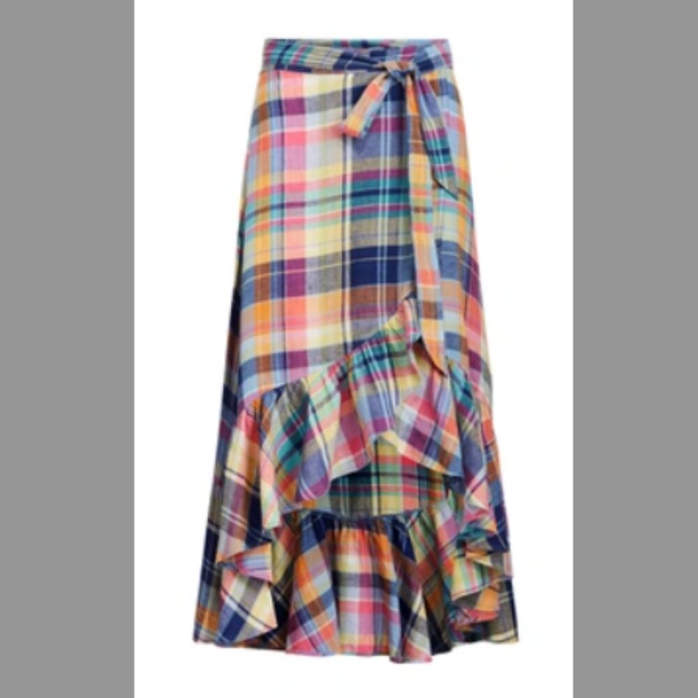 Ralph Lauren Madras Linen Wrap Skirt In Blue/ Yellow